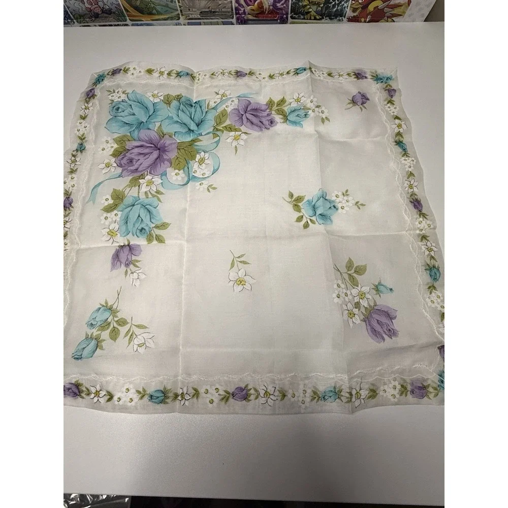 Vintage Japanese Floral Handkerchief‎ All Cotton Blue Purple Flowers 14x14